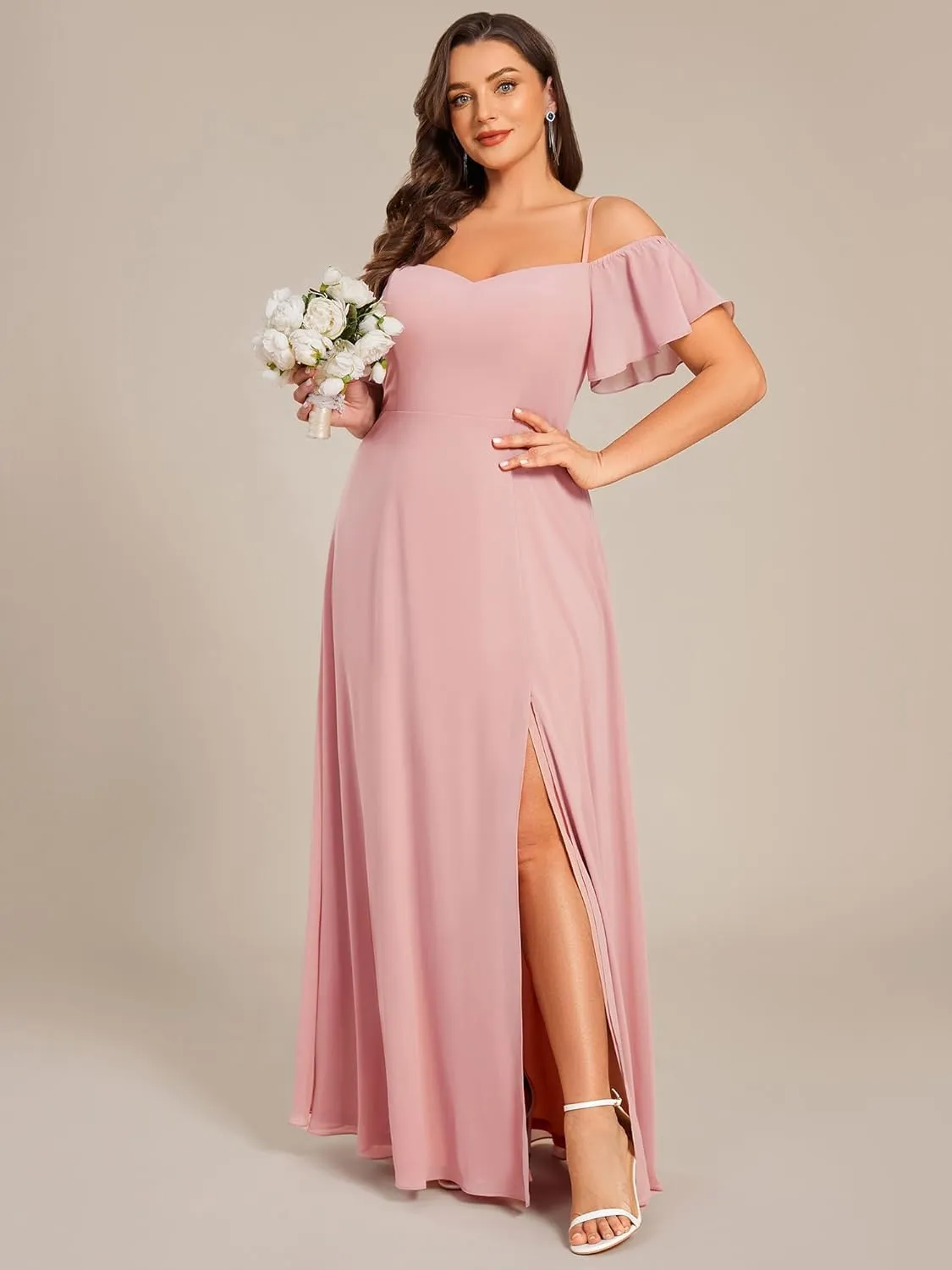 Ever-Pretty Plus Women's Off Shoulder Ruffles Sleeves Side Slit Chiffon Plus Size Bridesmaid Dresses 00237-DA