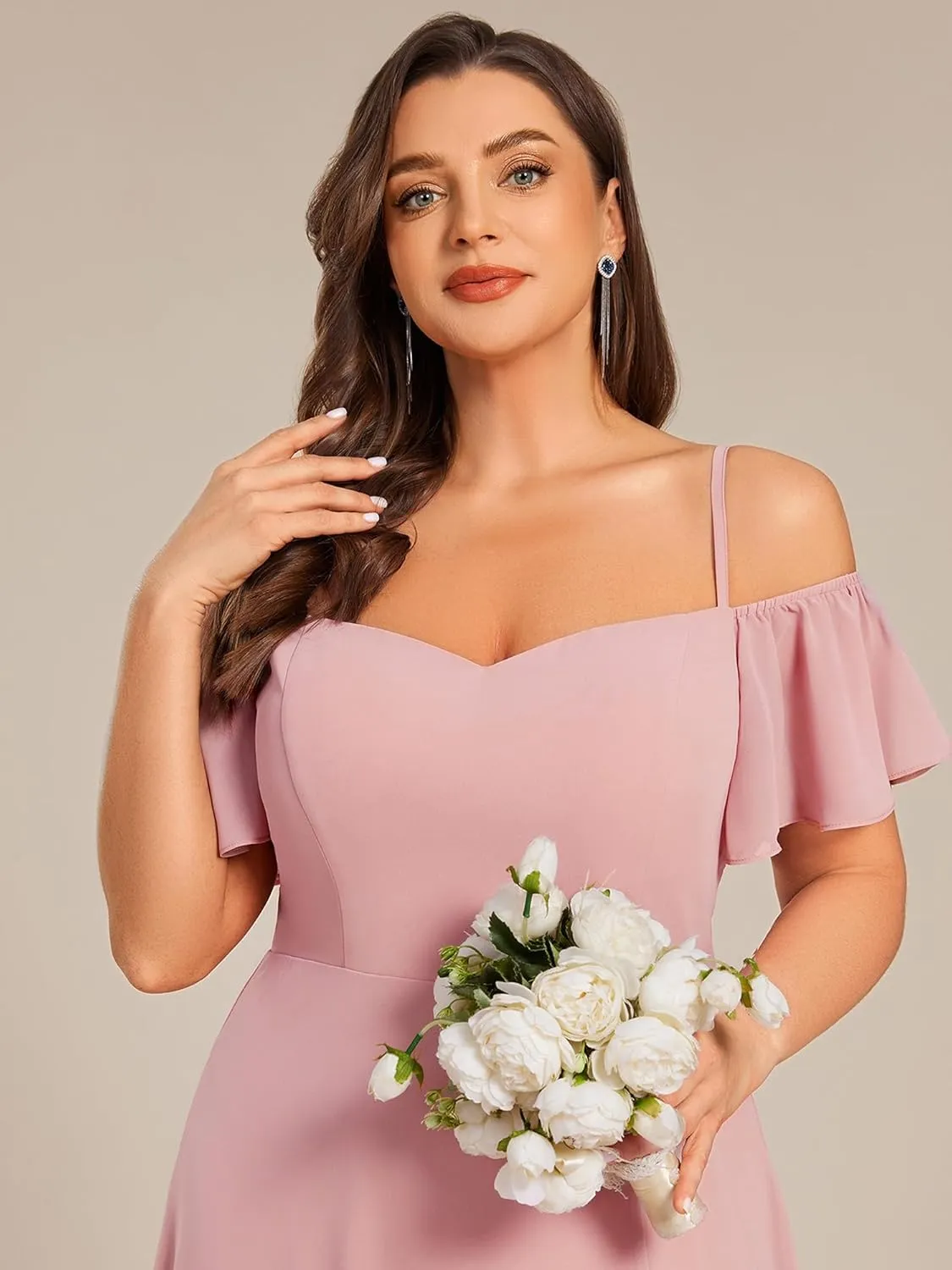 Ever-Pretty Plus Women's Off Shoulder Ruffles Sleeves Side Slit Chiffon Plus Size Bridesmaid Dresses 00237-DA