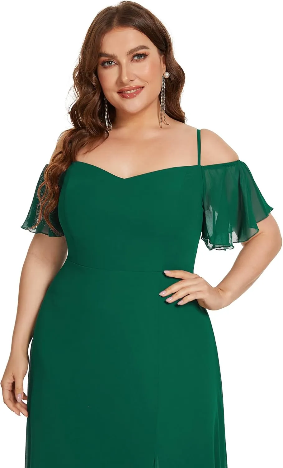 Ever-Pretty Plus Women's Off Shoulder Ruffles Sleeves Side Slit Chiffon Plus Size Bridesmaid Dresses 00237-DA