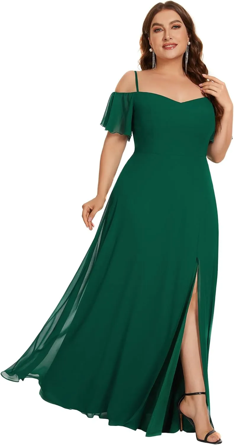 Ever-Pretty Plus Women's Off Shoulder Ruffles Sleeves Side Slit Chiffon Plus Size Bridesmaid Dresses 00237-DA