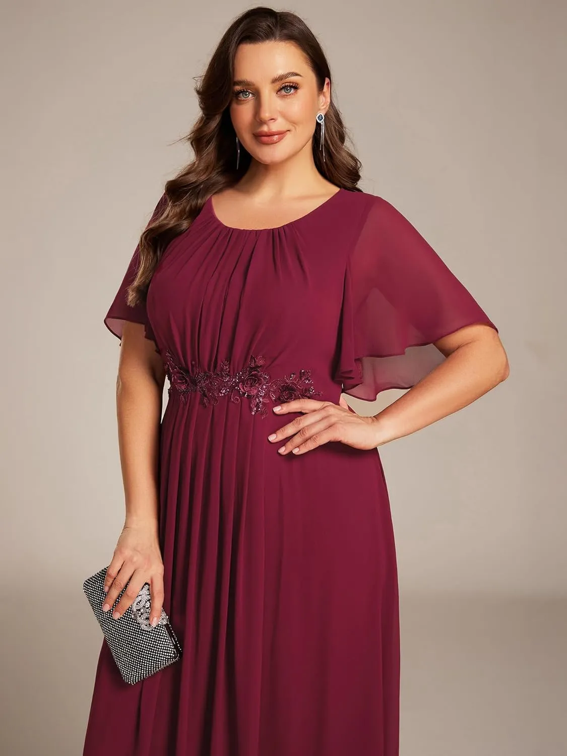 Ever-Pretty Plus Women's Round Neck Appliques Chiffon Short Sleeves Long Plus Size Formal Dresses Evening Gowns 02960-DA