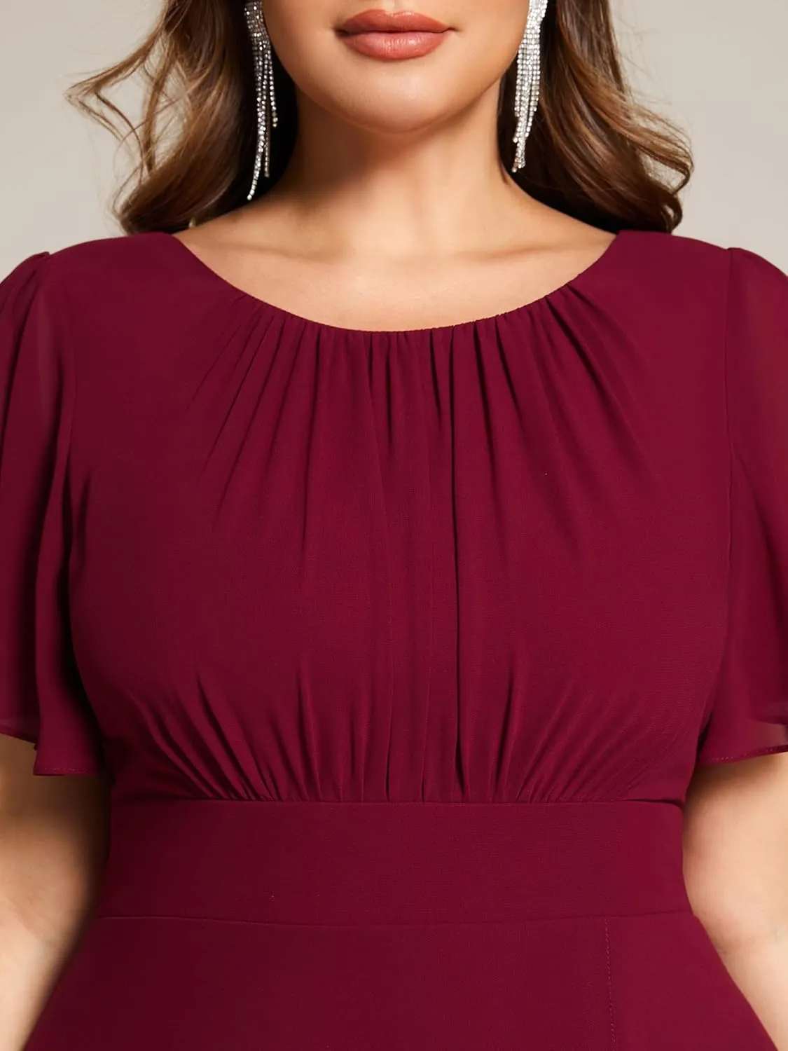 Ever-Pretty Plus Women's Round Neck Short Sleeves Pleated A Line Chiffon Plus Size High Low Bridesmaid Dresses 02213-DA
