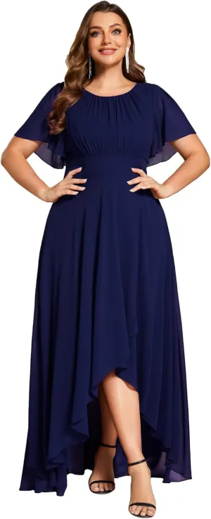 Ever-Pretty Plus Women's Round Neck Short Sleeves Pleated A Line Chiffon Plus Size High Low Bridesmaid Dresses 02213-DA
