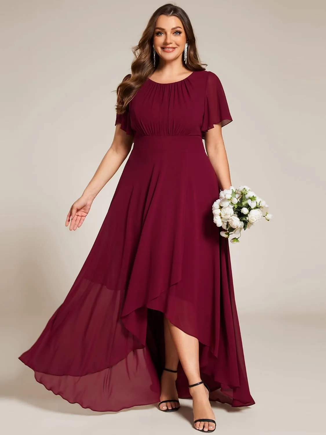 Ever-Pretty Plus Women's Round Neck Short Sleeves Pleated A Line Chiffon Plus Size High Low Bridesmaid Dresses 02213-DA