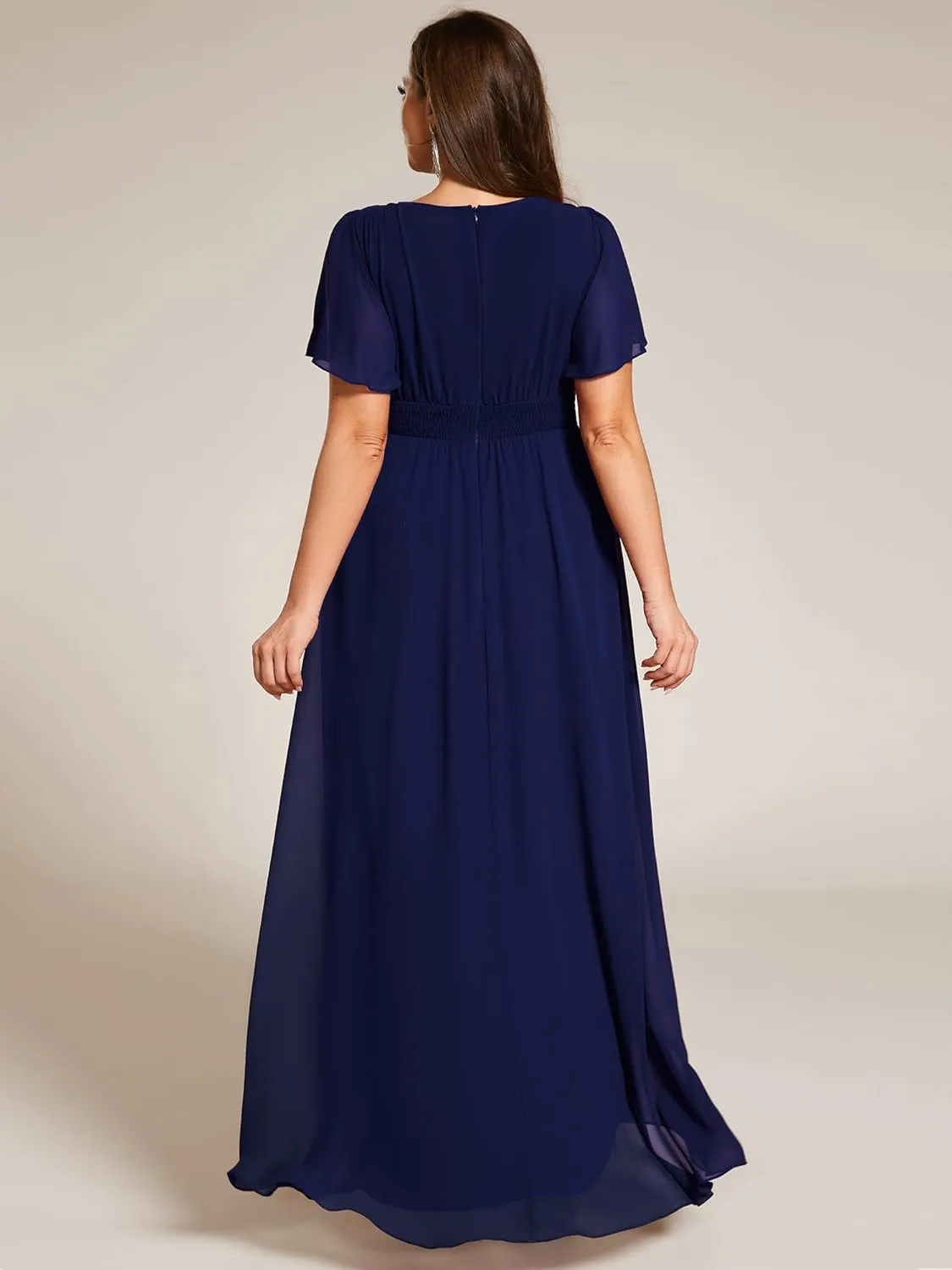 Ever-Pretty Plus Women's Round Neck Short Sleeves Pleated A Line Chiffon Plus Size High Low Bridesmaid Dresses 02213-DA
