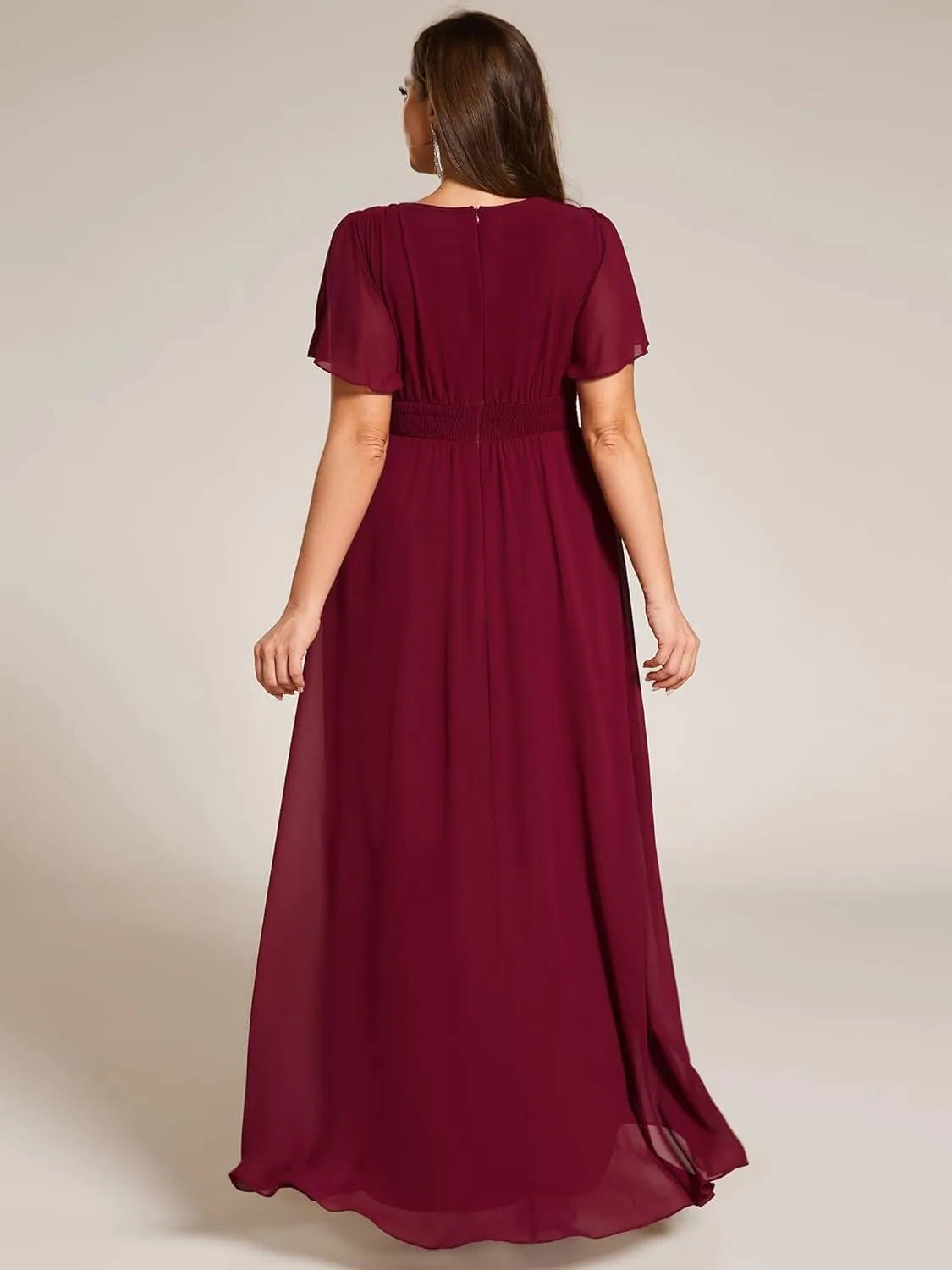 Ever-Pretty Plus Women's Round Neck Short Sleeves Pleated A Line Chiffon Plus Size High Low Bridesmaid Dresses 02213-DA