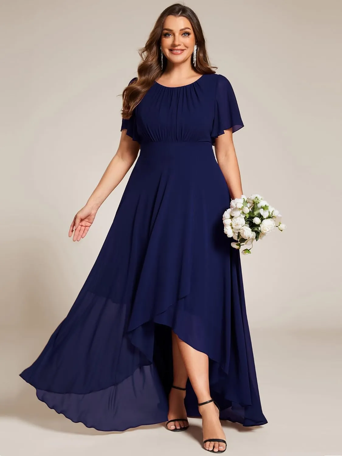 Ever-Pretty Plus Women's Round Neck Short Sleeves Pleated A Line Chiffon Plus Size High Low Bridesmaid Dresses 02213-DA