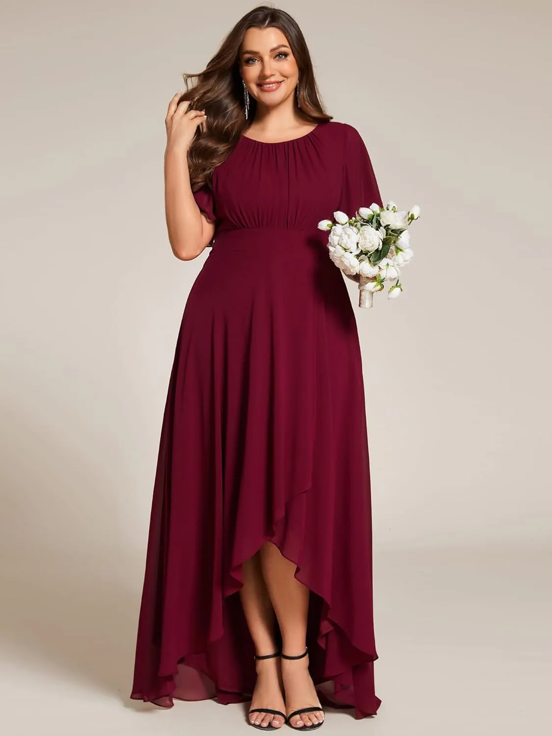 Ever-Pretty Plus Women's Round Neck Short Sleeves Pleated A Line Chiffon Plus Size High Low Bridesmaid Dresses 02213-DA