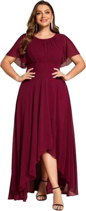 Ever-Pretty Plus Women's Round Neck Short Sleeves Pleated A Line Chiffon Plus Size High Low Bridesmaid Dresses 02213-DA