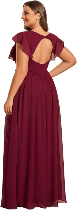 Ever-Pretty Plus Women's Summer Chiffon Ruffles Sleeve Pleated Back Cutout Plus Size Bridesmaid Dresses Formal Gowns