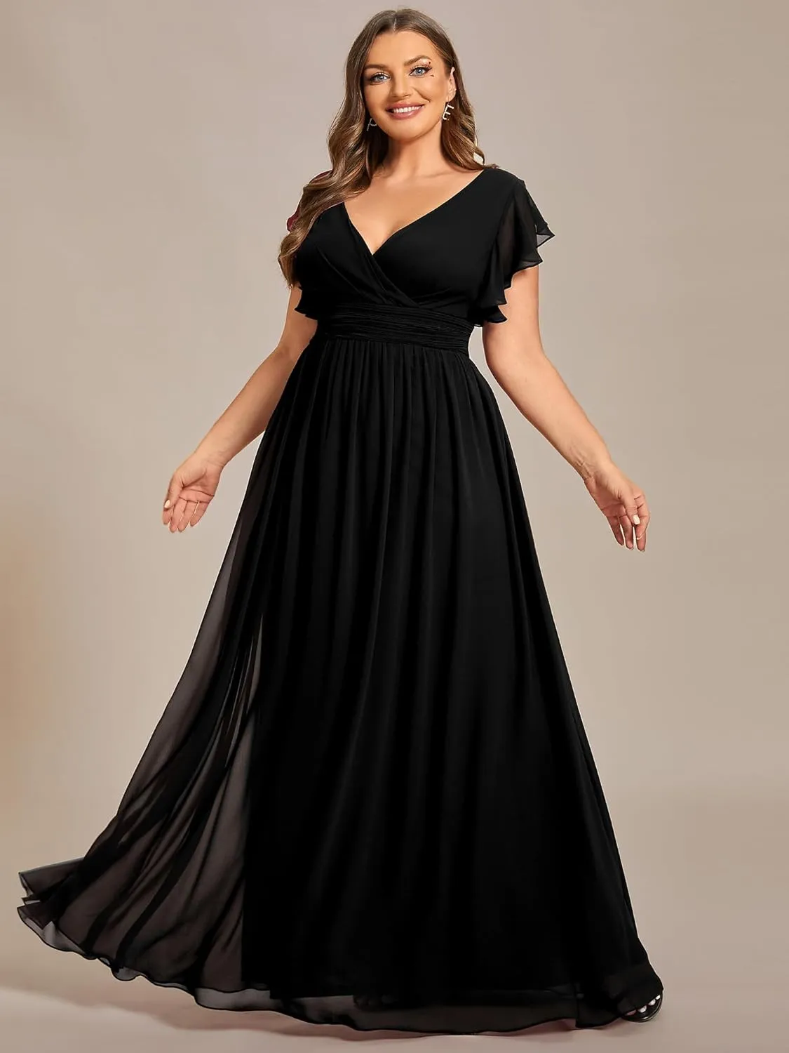 Ever-Pretty Plus Women's Summer Chiffon Ruffles Sleeve Pleated Back Cutout Plus Size Bridesmaid Dresses Formal Gowns