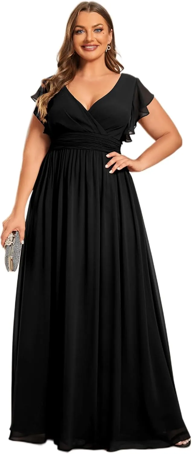 Ever-Pretty Plus Women's Summer Chiffon Ruffles Sleeve Pleated Back Cutout Plus Size Bridesmaid Dresses Formal Gowns