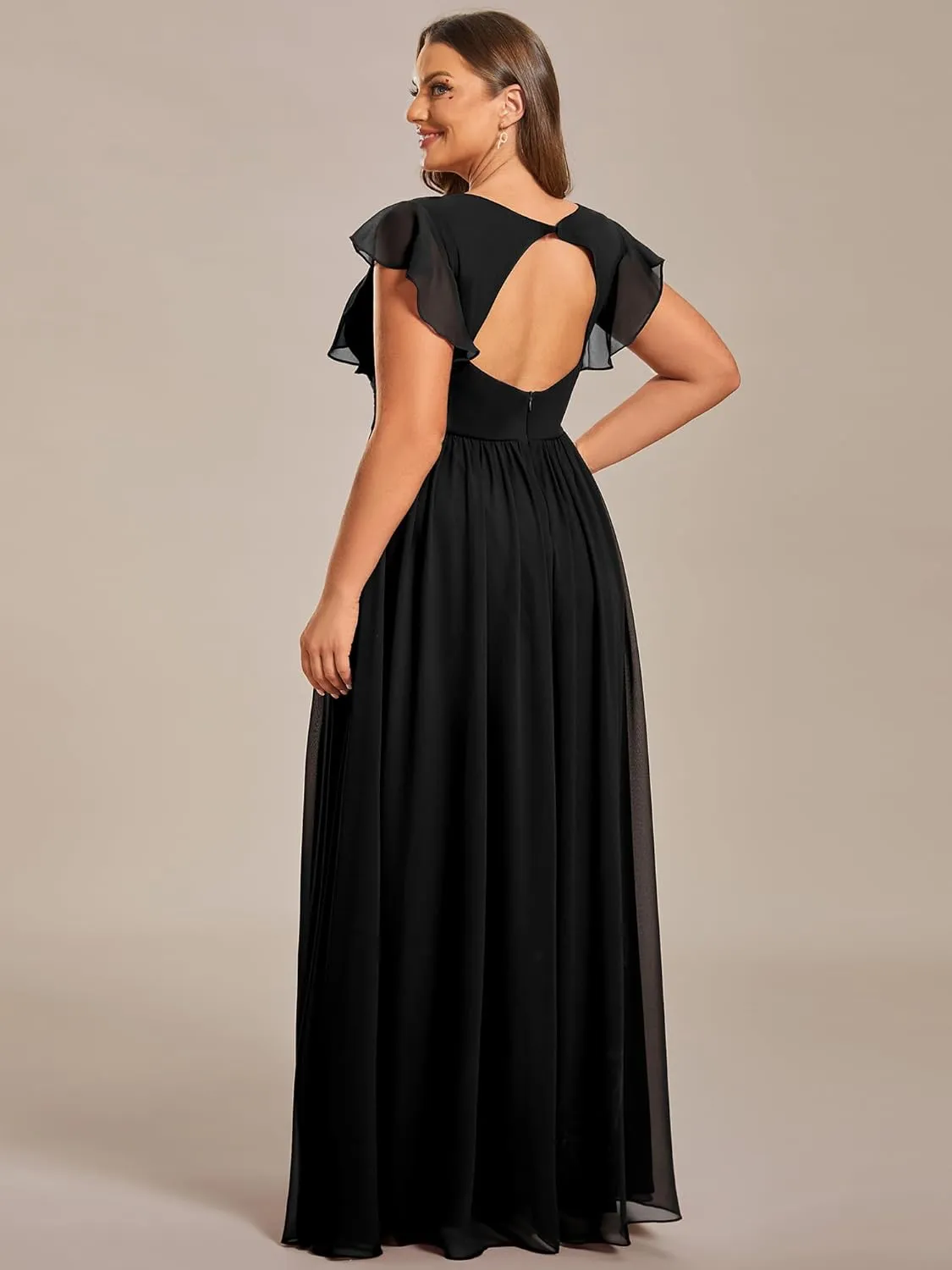 Ever-Pretty Plus Women's Summer Chiffon Ruffles Sleeve Pleated Back Cutout Plus Size Bridesmaid Dresses Formal Gowns