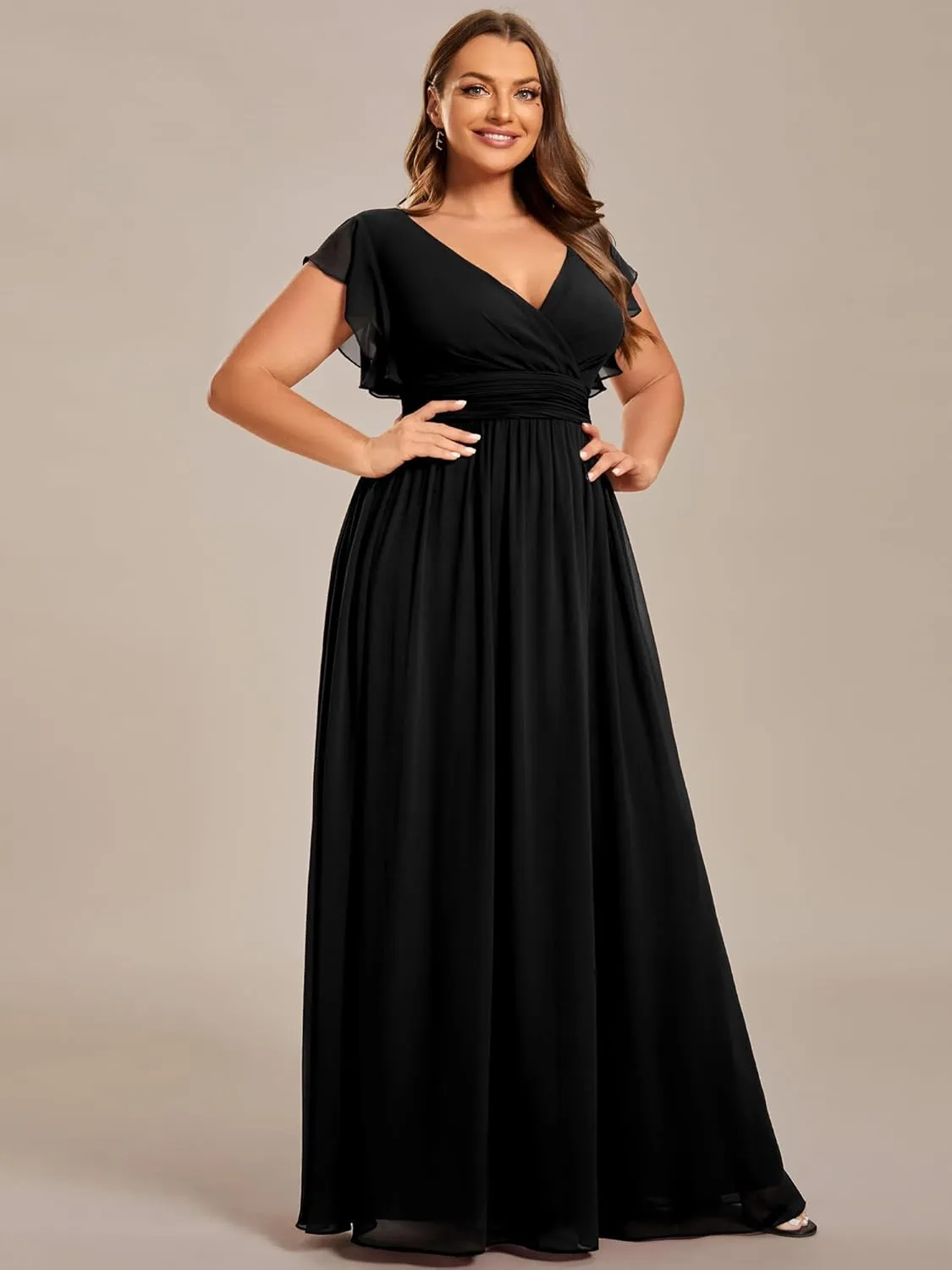 Ever-Pretty Plus Women's Summer Chiffon Ruffles Sleeve Pleated Back Cutout Plus Size Bridesmaid Dresses Formal Gowns