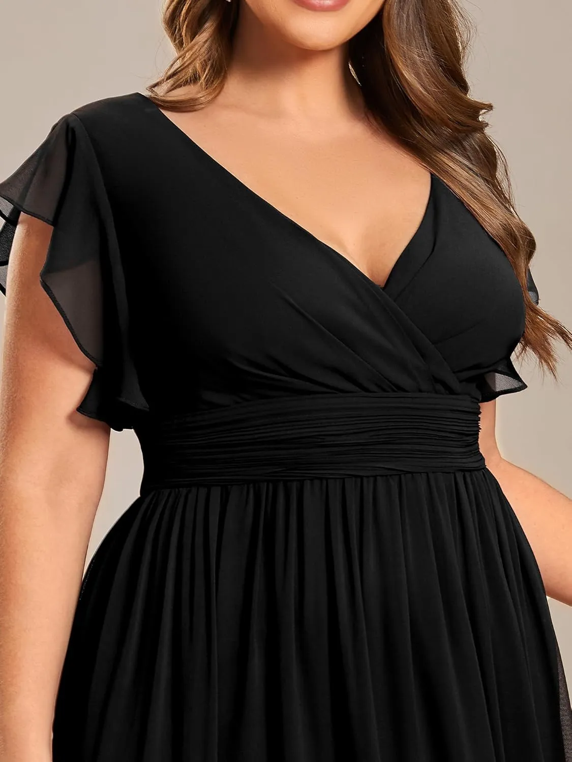 Ever-Pretty Plus Women's Summer Chiffon Ruffles Sleeve Pleated Back Cutout Plus Size Bridesmaid Dresses Formal Gowns