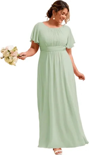 Ever-Pretty Plus Women's Summer Round Neck A Line Pleated Chiffon Short Sleeves Plus Size Formal Gowns Bridesmaid Dresses