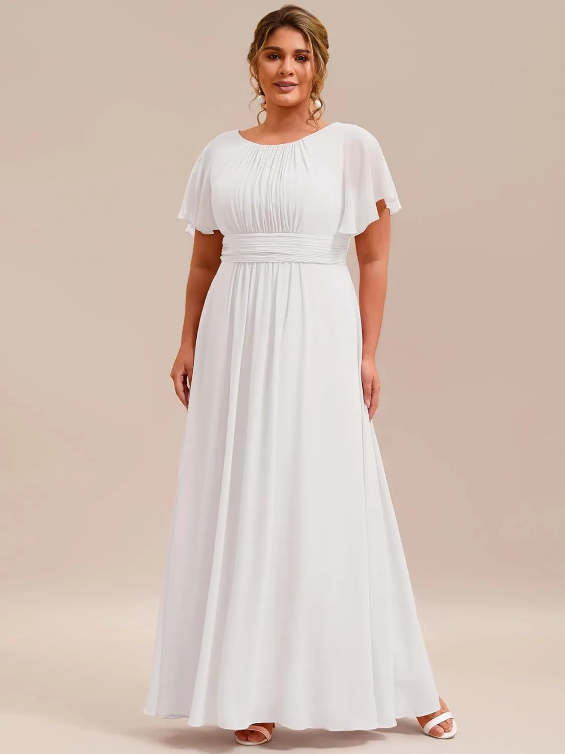 Ever-Pretty Plus Women's Summer Round Neck A Line Pleated Chiffon Short Sleeves Plus Size Formal Gowns Bridesmaid Dresses
