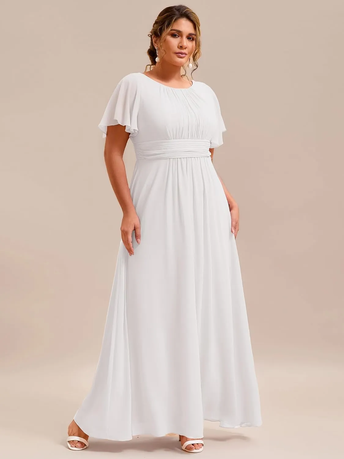 Ever-Pretty Plus Women's Summer Round Neck A Line Pleated Chiffon Short Sleeves Plus Size Formal Gowns Bridesmaid Dresses