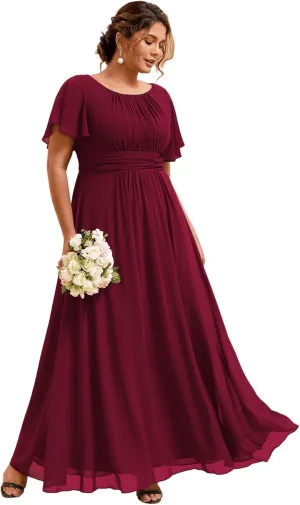 Ever-Pretty Plus Women's Summer Round Neck A Line Pleated Chiffon Short Sleeves Plus Size Formal Gowns Bridesmaid Dresses