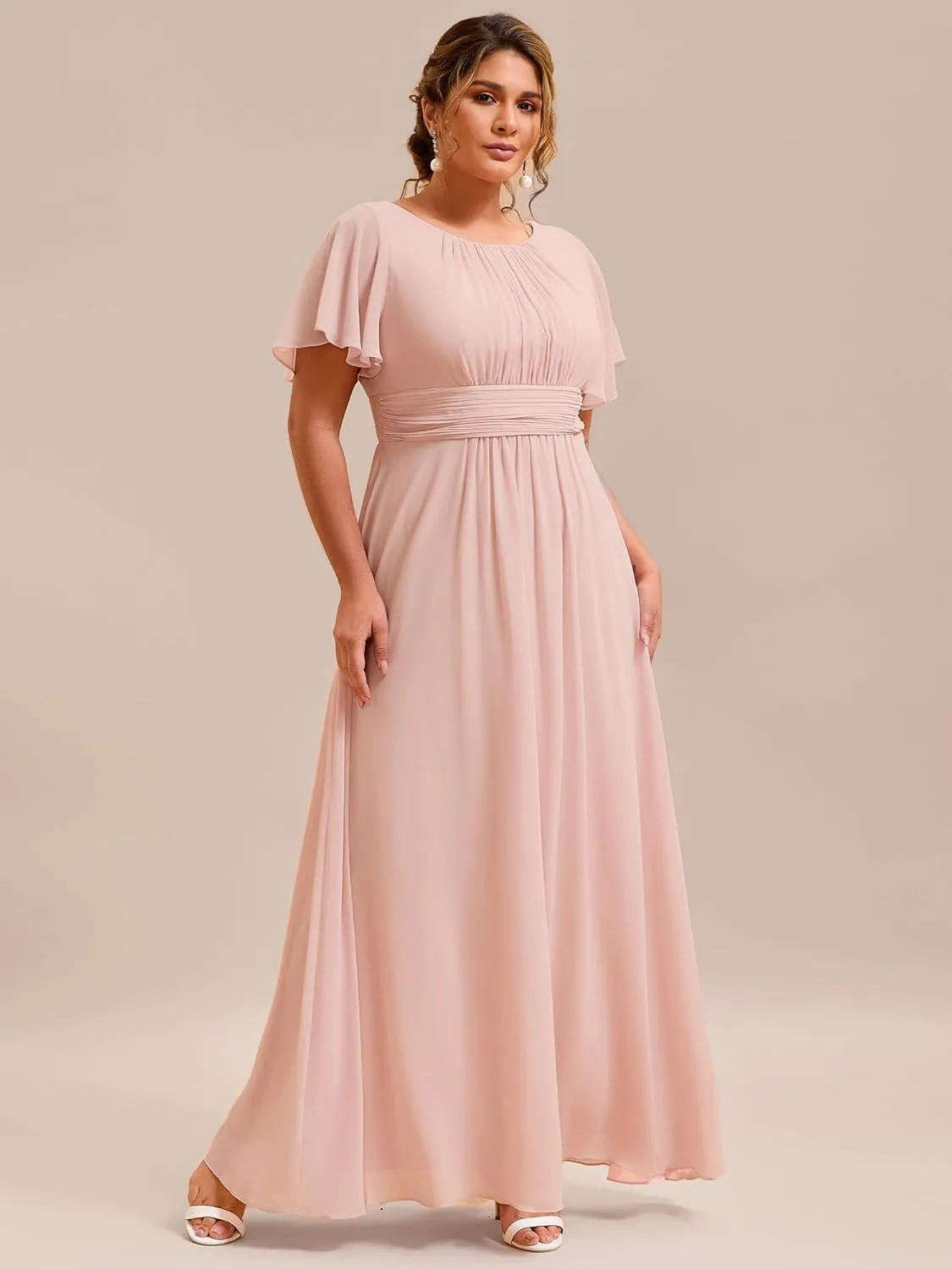 Ever-Pretty Plus Women's Summer Round Neck A Line Pleated Chiffon Short Sleeves Plus Size Formal Gowns Bridesmaid Dresses