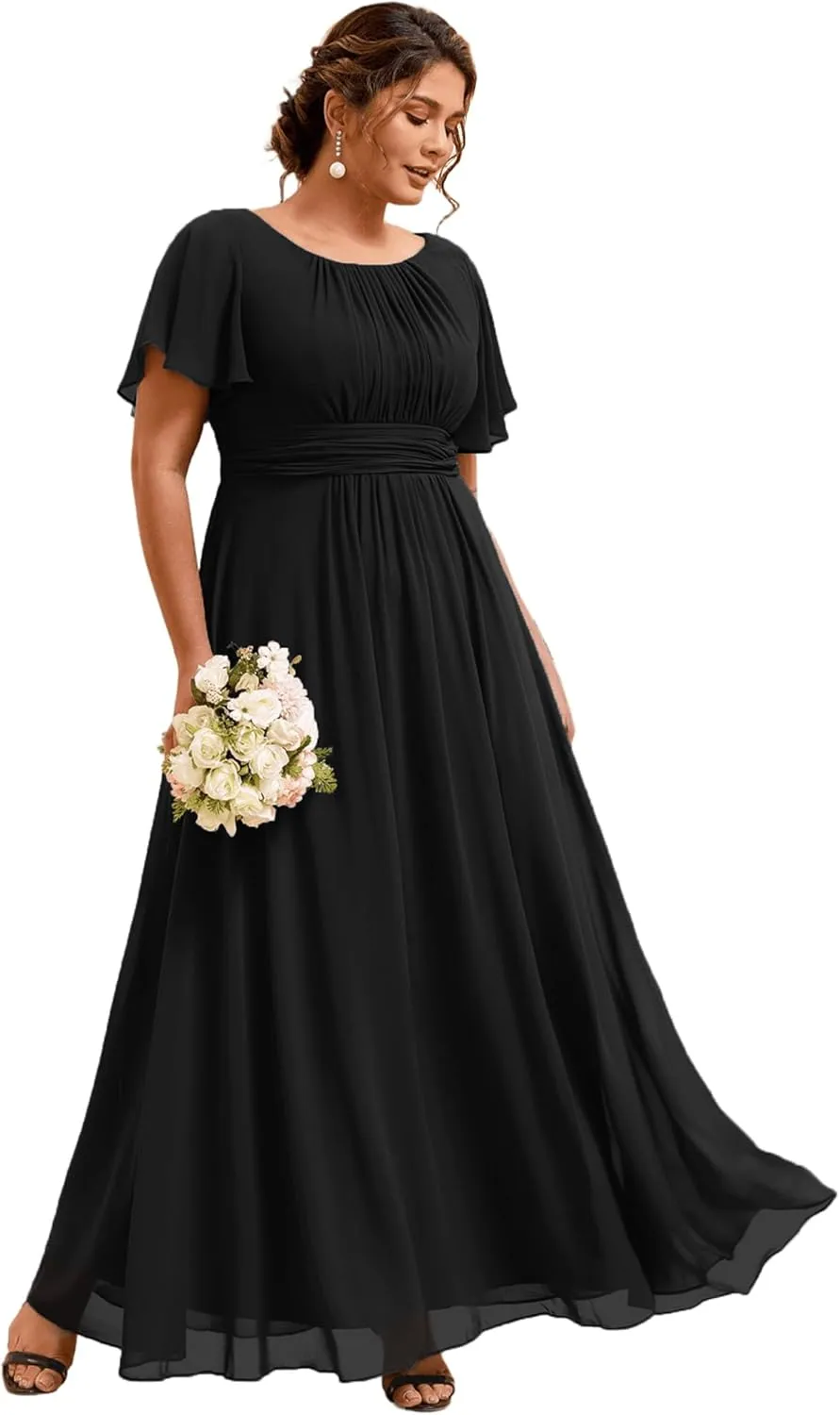Ever-Pretty Plus Women's Summer Round Neck A Line Pleated Chiffon Short Sleeves Plus Size Formal Gowns Bridesmaid Dresses