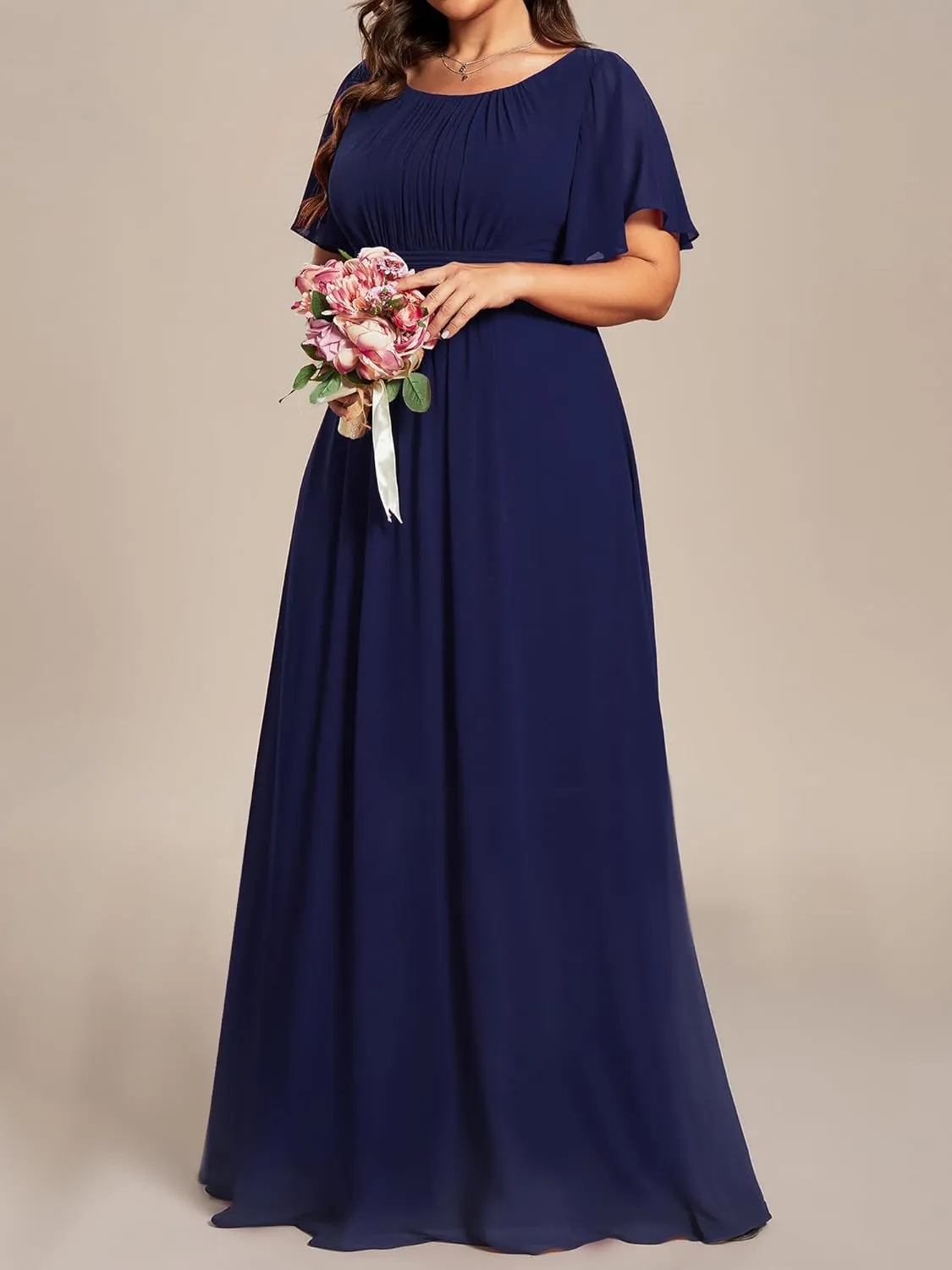 Ever-Pretty Plus Women's Summer Round Neck A Line Pleated Chiffon Short Sleeves Plus Size Formal Gowns Bridesmaid Dresses