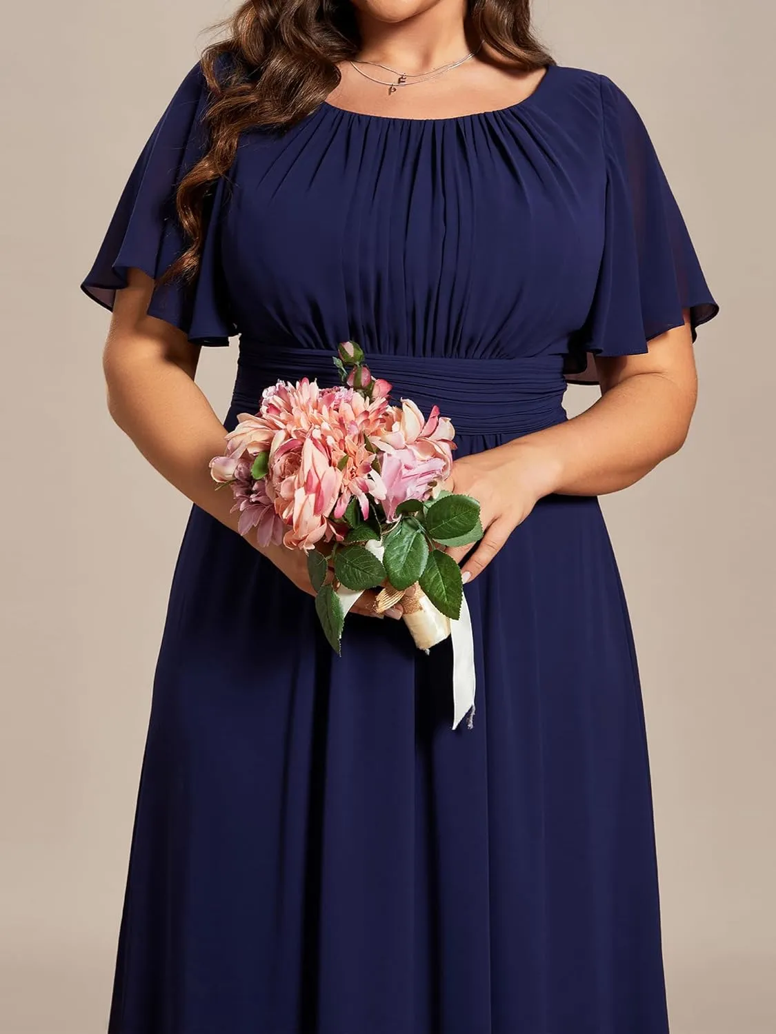 Ever-Pretty Plus Women's Summer Round Neck A Line Pleated Chiffon Short Sleeves Plus Size Formal Gowns Bridesmaid Dresses