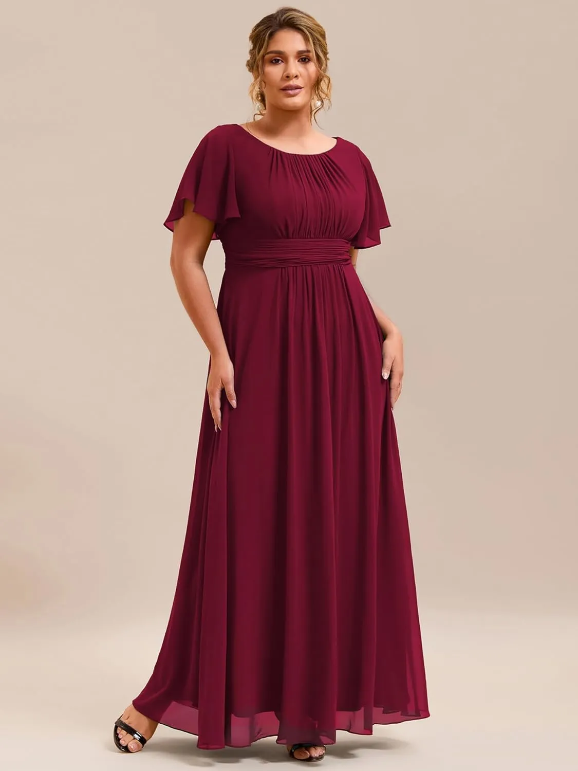 Ever-Pretty Plus Women's Summer Round Neck A Line Pleated Chiffon Short Sleeves Plus Size Formal Gowns Bridesmaid Dresses