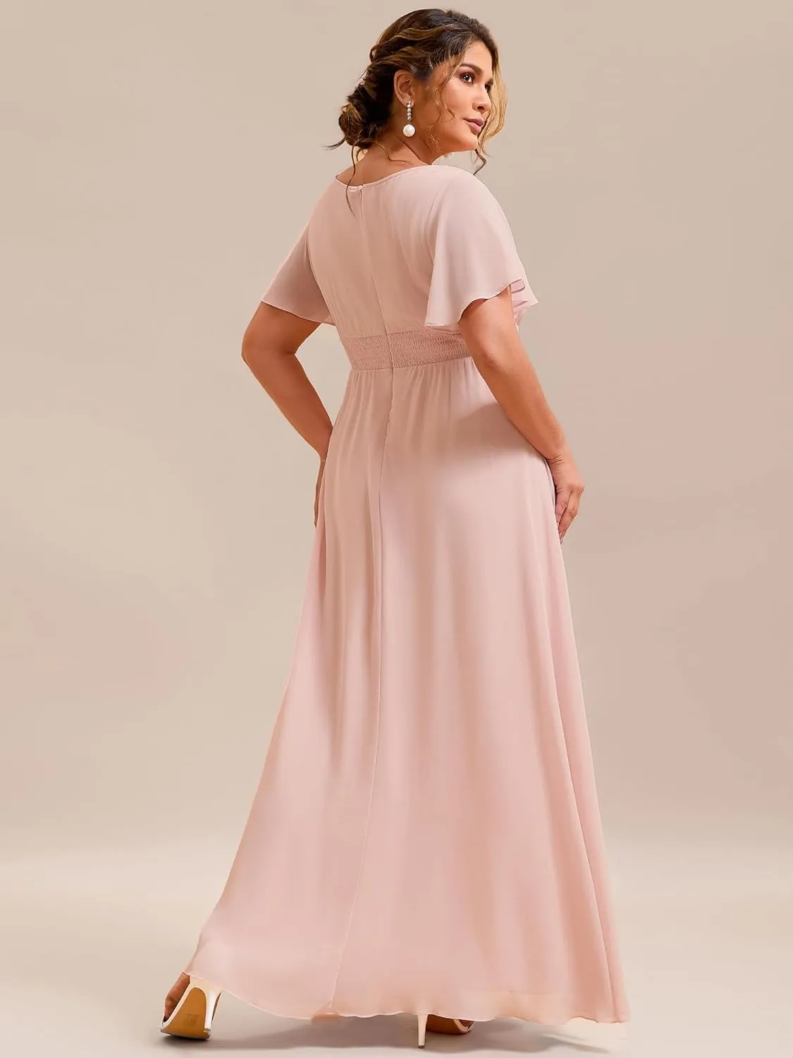 Ever-Pretty Plus Women's Summer Round Neck A Line Pleated Chiffon Short Sleeves Plus Size Formal Gowns Bridesmaid Dresses