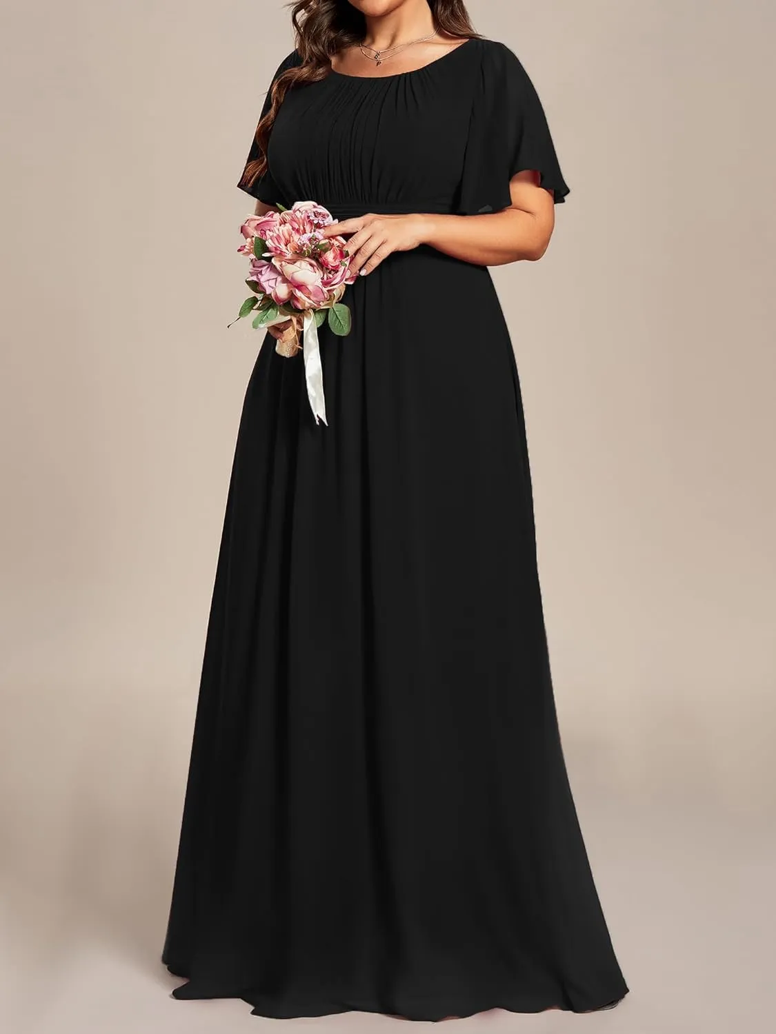Ever-Pretty Plus Women's Summer Round Neck A Line Pleated Chiffon Short Sleeves Plus Size Formal Gowns Bridesmaid Dresses