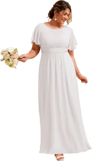 Ever-Pretty Plus Women's Summer Round Neck A Line Pleated Chiffon Short Sleeves Plus Size Formal Gowns Bridesmaid Dresses