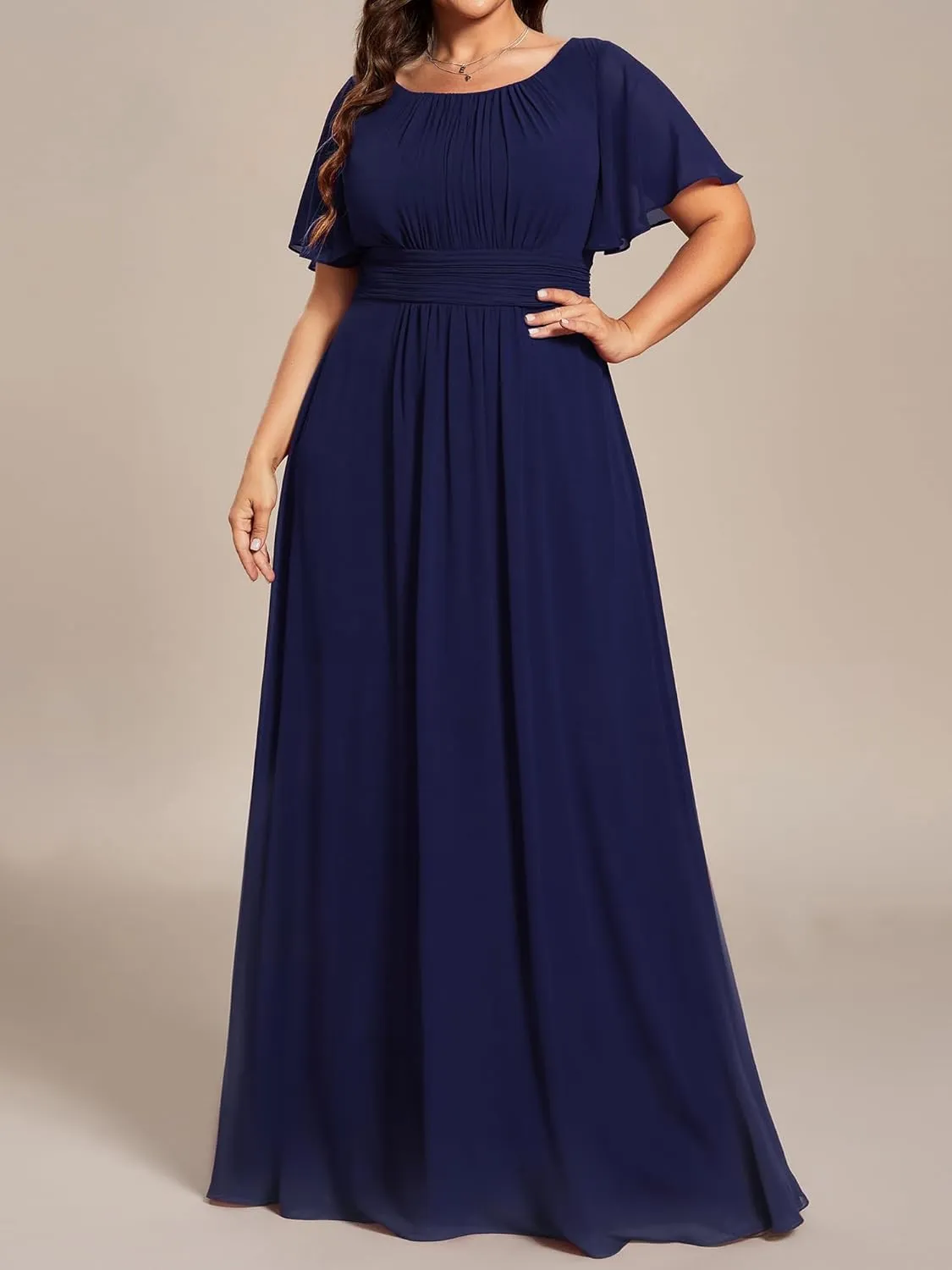 Ever-Pretty Plus Women's Summer Round Neck A Line Pleated Chiffon Short Sleeves Plus Size Formal Gowns Bridesmaid Dresses