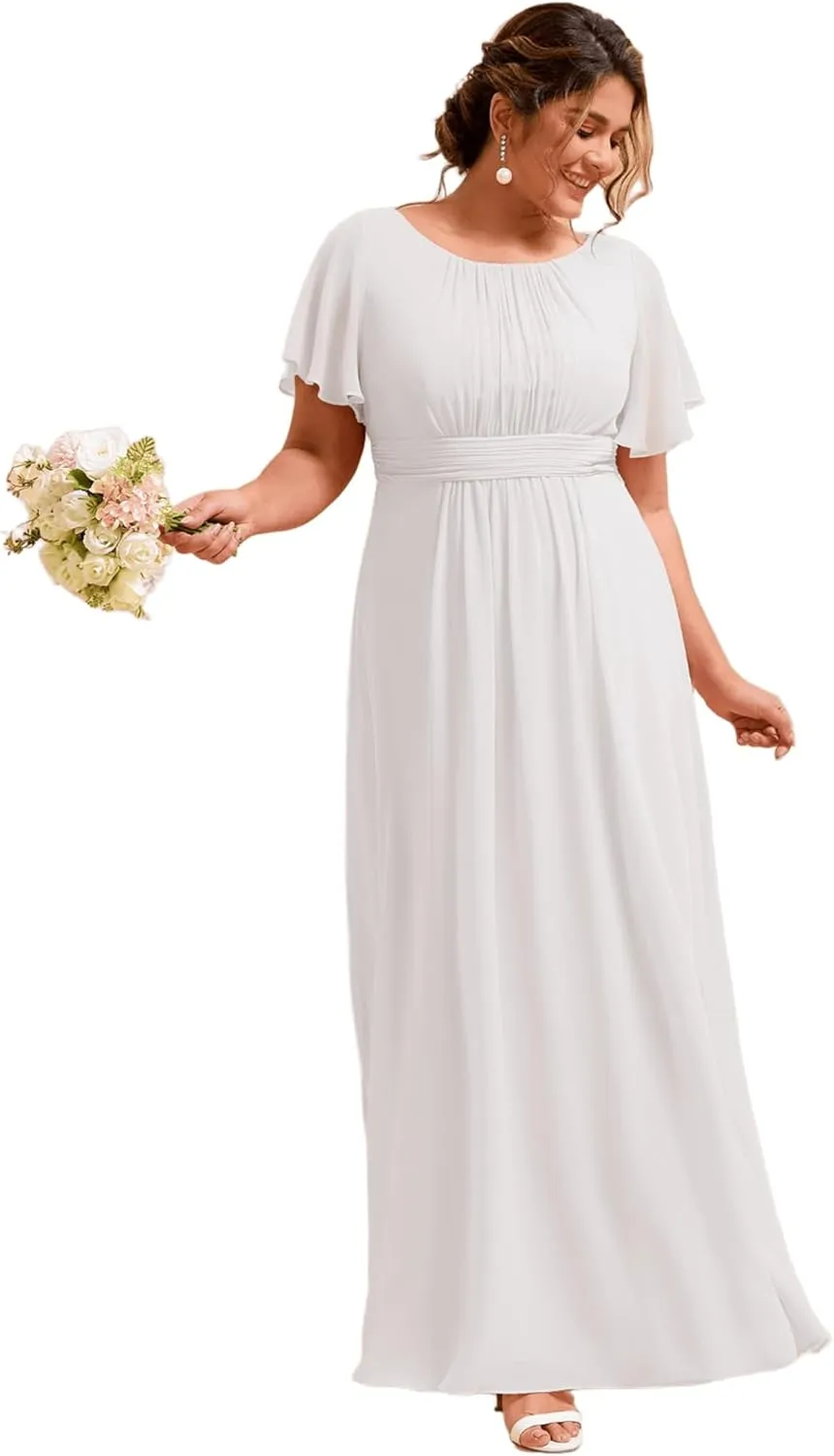 Ever-Pretty Plus Women's Summer Round Neck A Line Pleated Chiffon Short Sleeves Plus Size Formal Gowns Bridesmaid Dresses