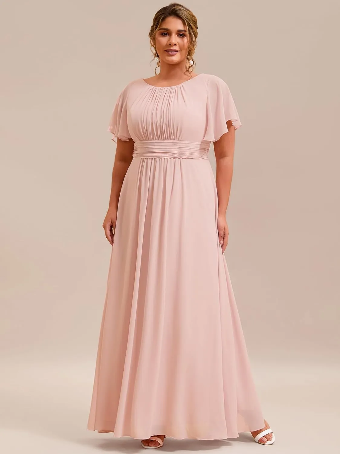 Ever-Pretty Plus Women's Summer Round Neck A Line Pleated Chiffon Short Sleeves Plus Size Formal Gowns Bridesmaid Dresses
