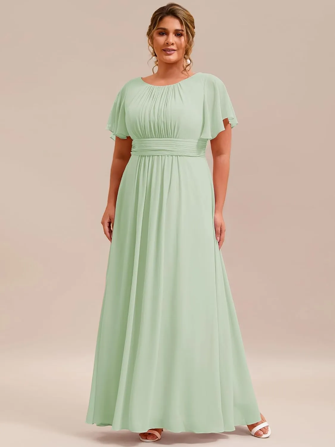 Ever-Pretty Plus Women's Summer Round Neck A Line Pleated Chiffon Short Sleeves Plus Size Formal Gowns Bridesmaid Dresses