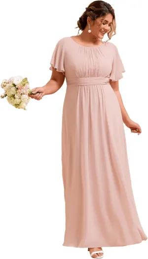 Ever-Pretty Plus Women's Summer Round Neck A Line Pleated Chiffon Short Sleeves Plus Size Formal Gowns Bridesmaid Dresses