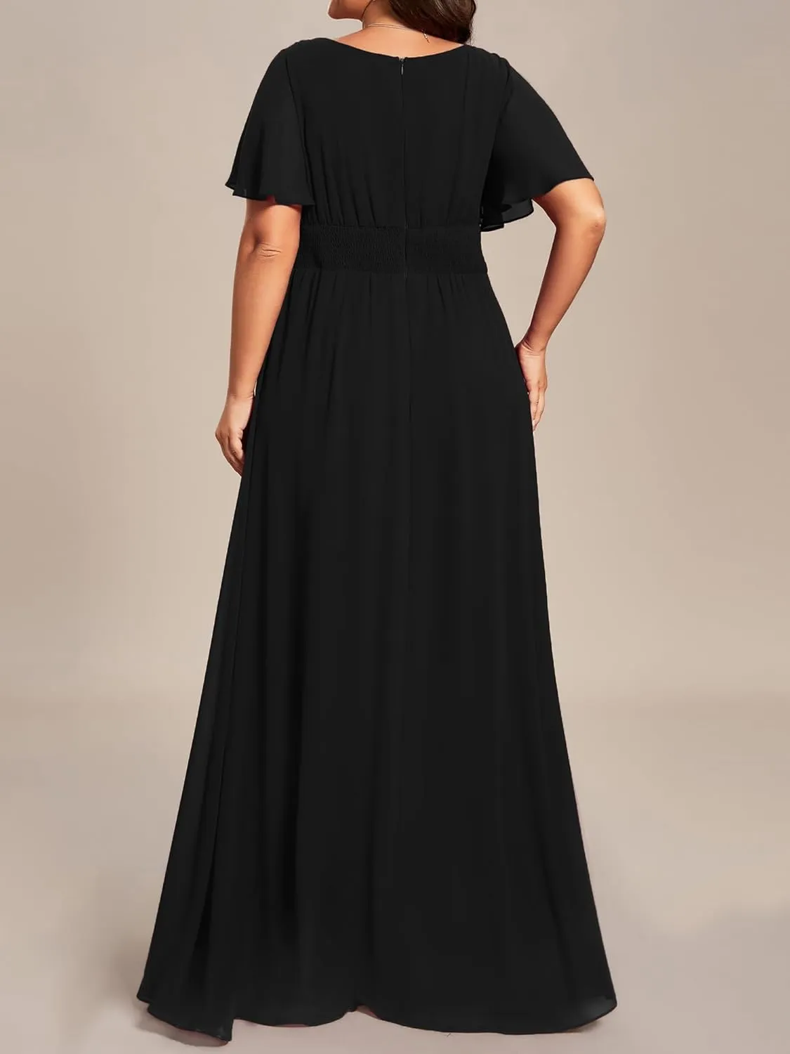 Ever-Pretty Plus Women's Summer Round Neck A Line Pleated Chiffon Short Sleeves Plus Size Formal Gowns Bridesmaid Dresses