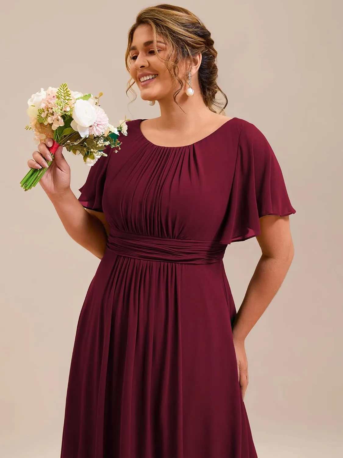 Ever-Pretty Plus Women's Summer Round Neck A Line Pleated Chiffon Short Sleeves Plus Size Formal Gowns Bridesmaid Dresses