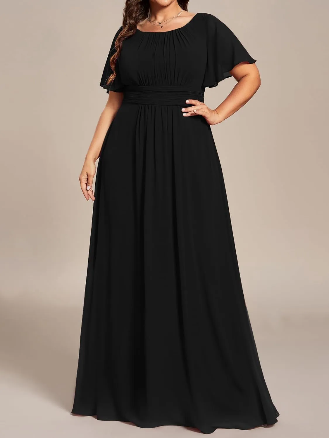 Ever-Pretty Plus Women's Summer Round Neck A Line Pleated Chiffon Short Sleeves Plus Size Formal Gowns Bridesmaid Dresses