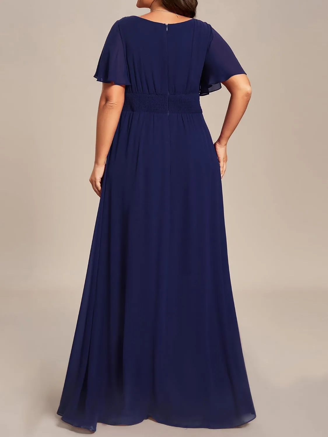 Ever-Pretty Plus Women's Summer Round Neck A Line Pleated Chiffon Short Sleeves Plus Size Formal Gowns Bridesmaid Dresses