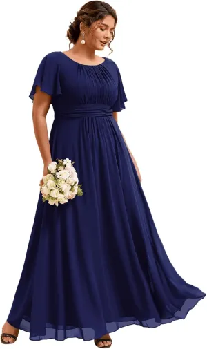 Ever-Pretty Plus Women's Summer Round Neck A Line Pleated Chiffon Short Sleeves Plus Size Formal Gowns Bridesmaid Dresses