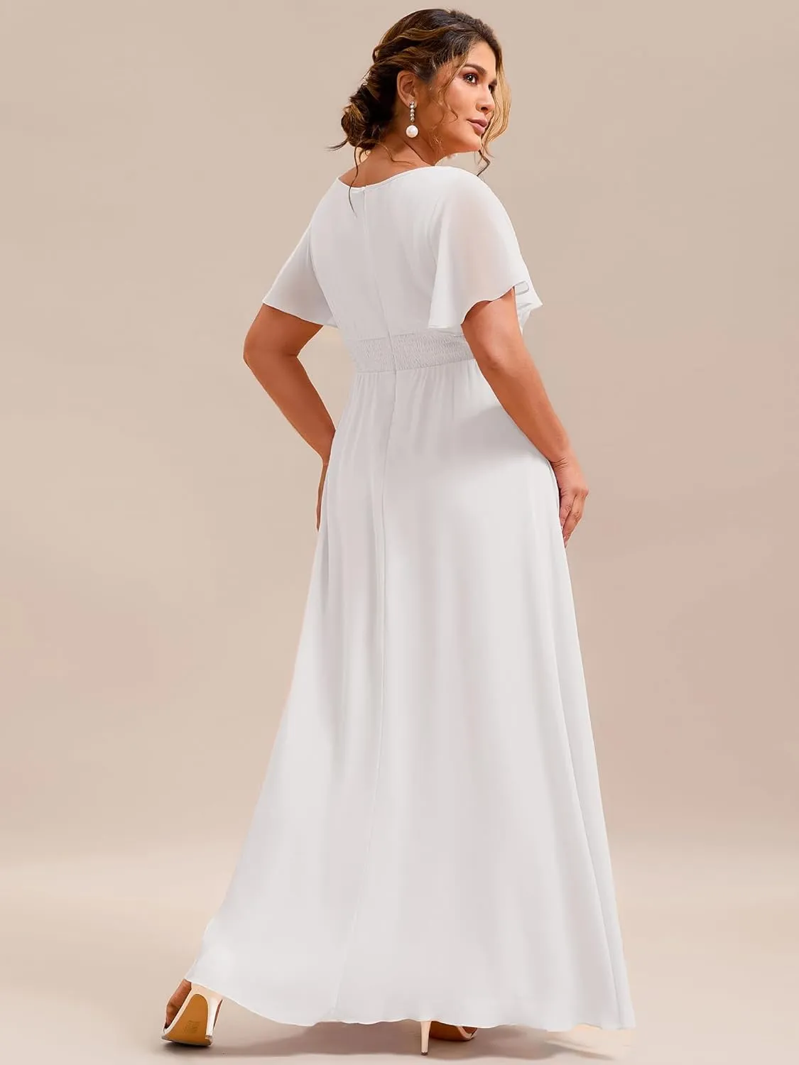 Ever-Pretty Plus Women's Summer Round Neck A Line Pleated Chiffon Short Sleeves Plus Size Formal Gowns Bridesmaid Dresses