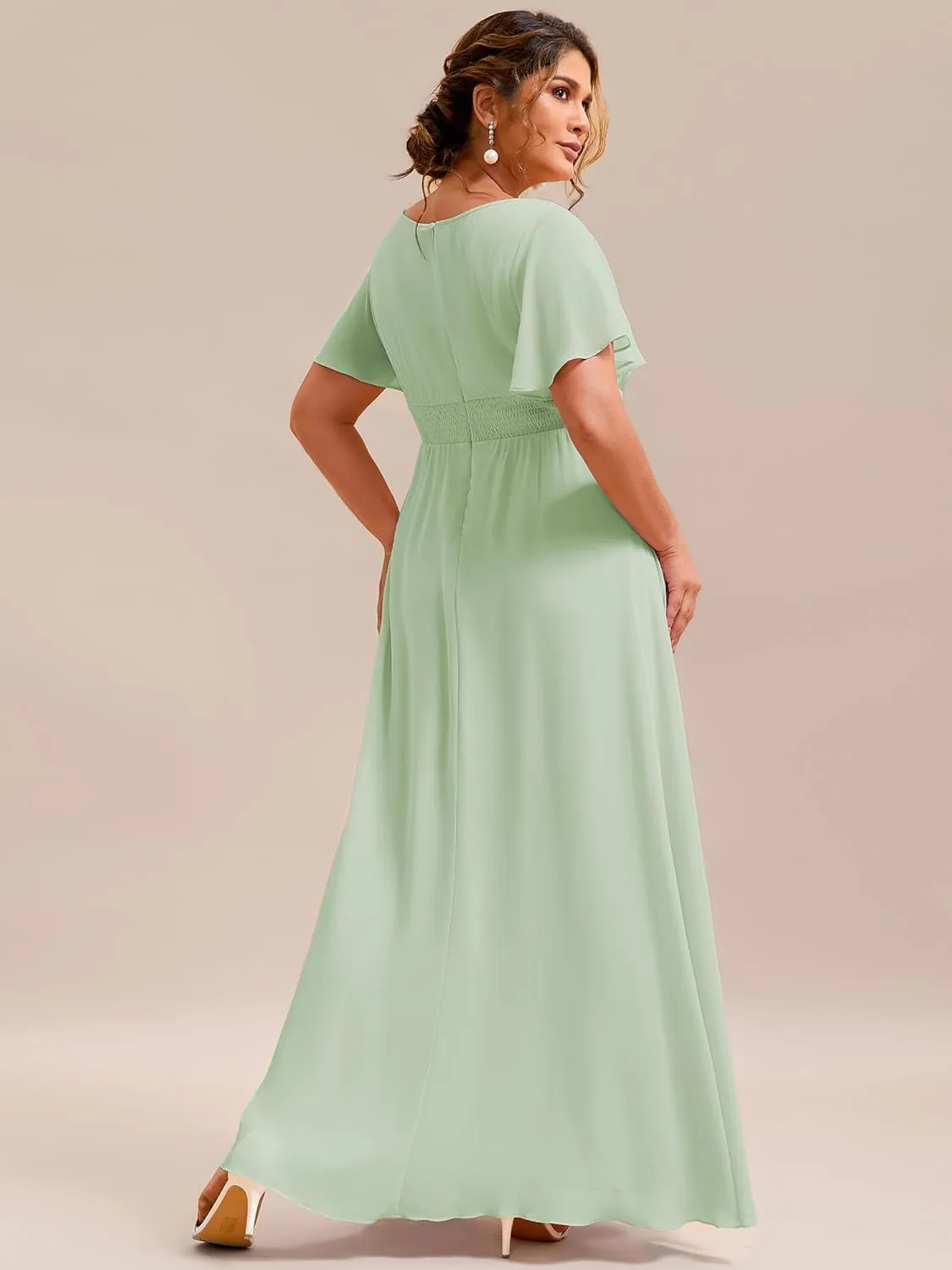 Ever-Pretty Plus Women's Summer Round Neck A Line Pleated Chiffon Short Sleeves Plus Size Formal Gowns Bridesmaid Dresses