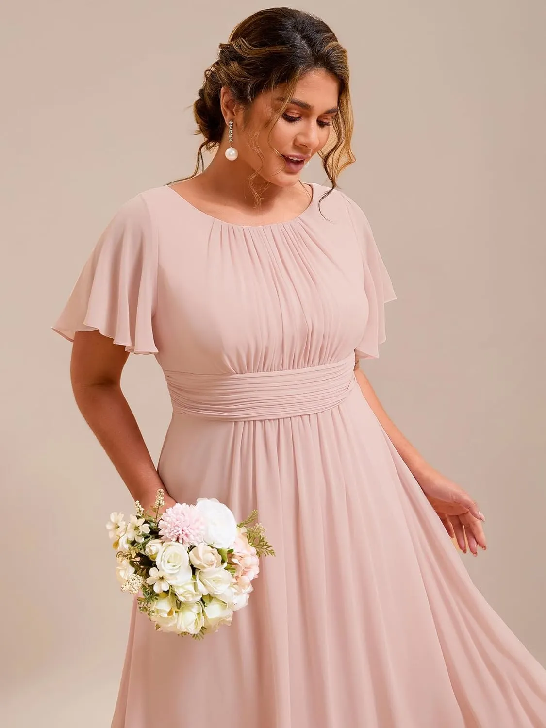 Ever-Pretty Plus Women's Summer Round Neck A Line Pleated Chiffon Short Sleeves Plus Size Formal Gowns Bridesmaid Dresses