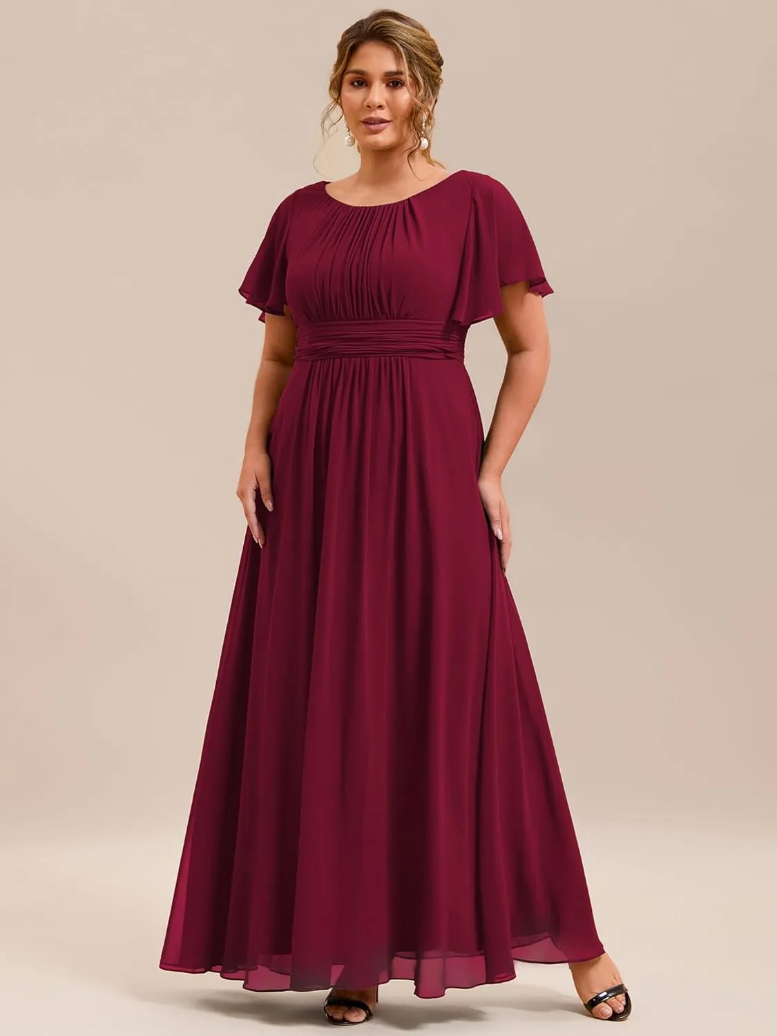 Ever-Pretty Plus Women's Summer Round Neck A Line Pleated Chiffon Short Sleeves Plus Size Formal Gowns Bridesmaid Dresses