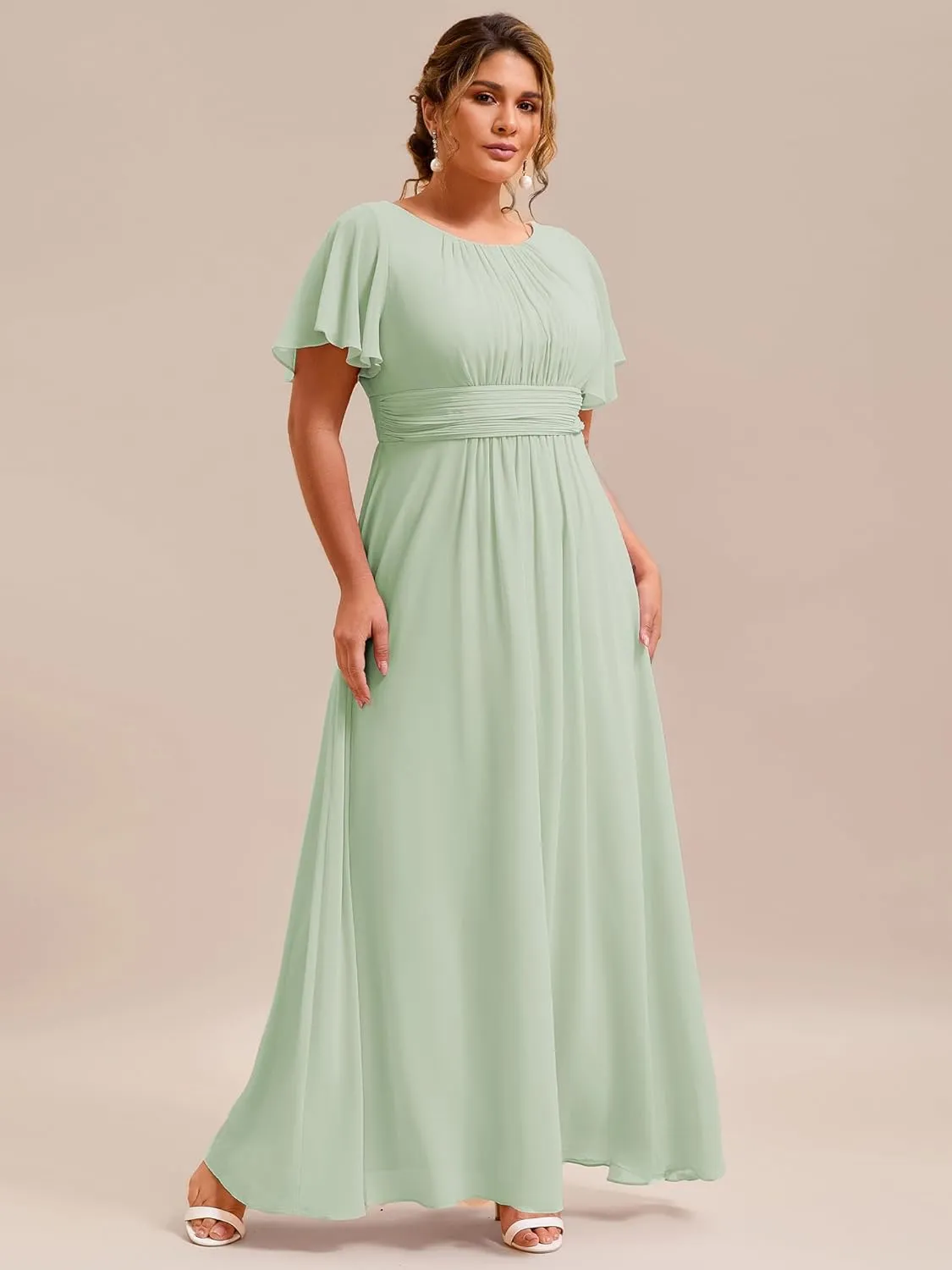 Ever-Pretty Plus Women's Summer Round Neck A Line Pleated Chiffon Short Sleeves Plus Size Formal Gowns Bridesmaid Dresses