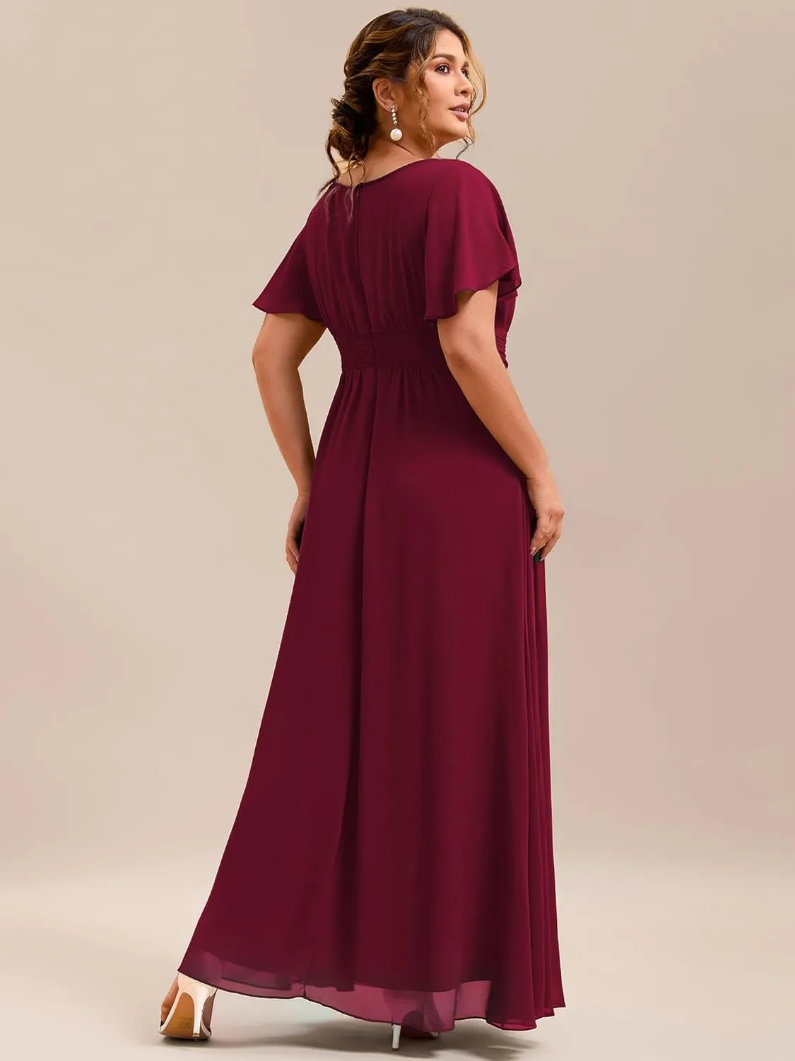 Ever-Pretty Plus Women's Summer Round Neck A Line Pleated Chiffon Short Sleeves Plus Size Formal Gowns Bridesmaid Dresses
