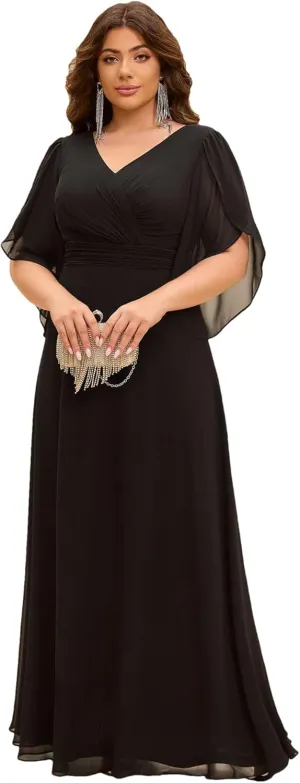 Ever-Pretty Plus Women's V Neck Chiffon Pleated A Line Maxi Plus Size Mother of The Bride Dresses with Sleeves 02270-DA