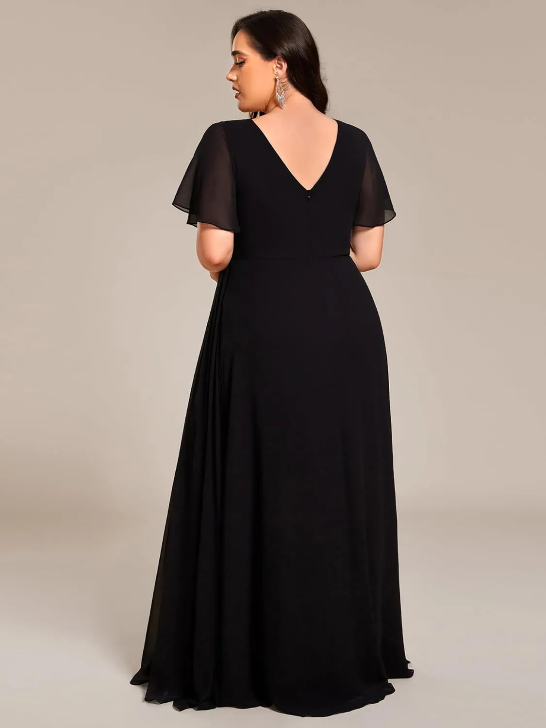 Ever-Pretty Plus Women's V Neck Chiffon Ruched Ruffles Sleeves Side Slit Floor Length Plus Size Bridesmaid Dresses S0050-DA