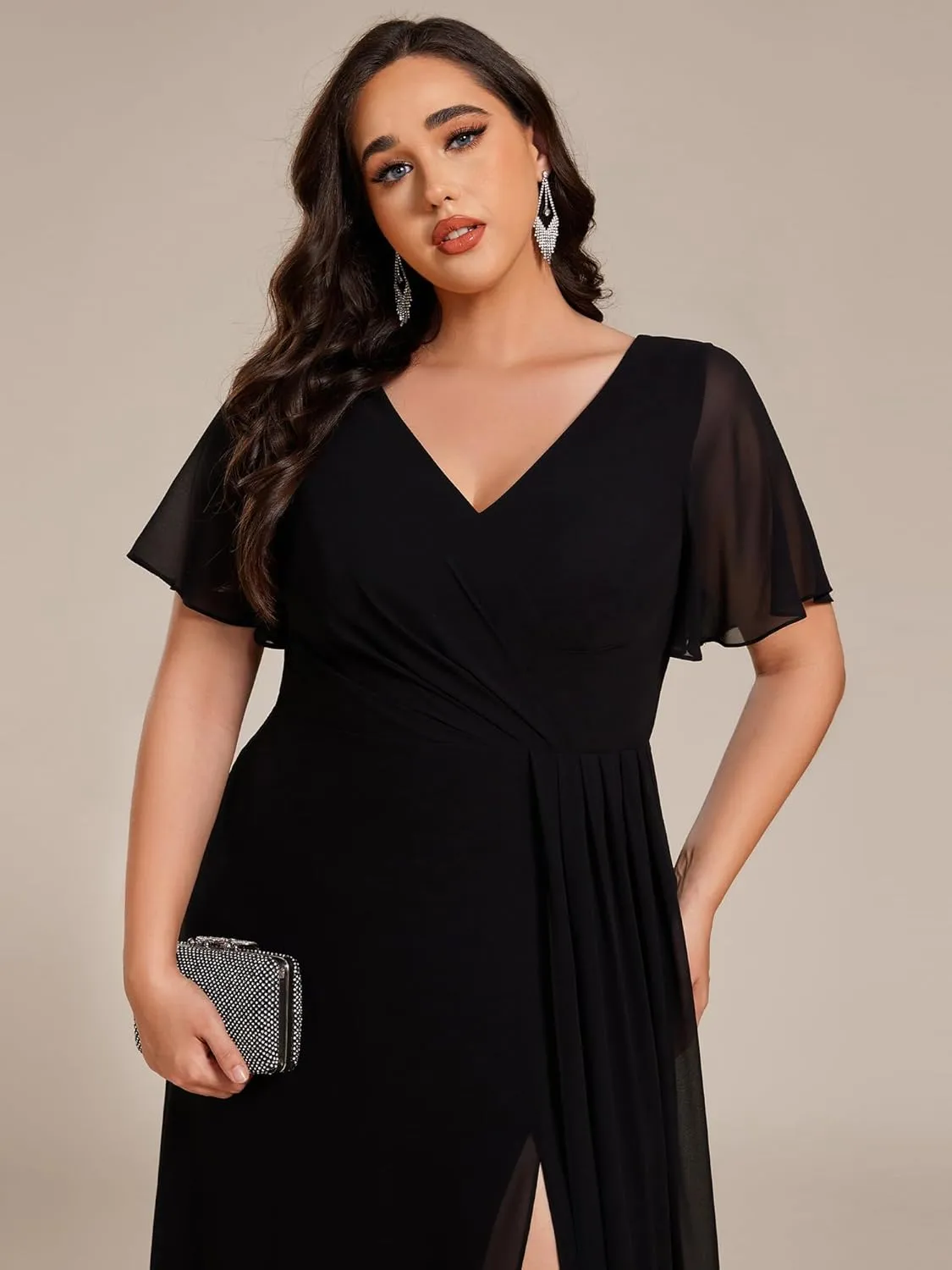 Ever-Pretty Plus Women's V Neck Chiffon Ruched Ruffles Sleeves Side Slit Floor Length Plus Size Bridesmaid Dresses S0050-DA